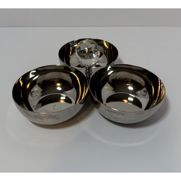 Vintage Silver tone 3 Section Snack Or Condiment Serving Dish W/ Crystal Handle - Picture 1 of 7